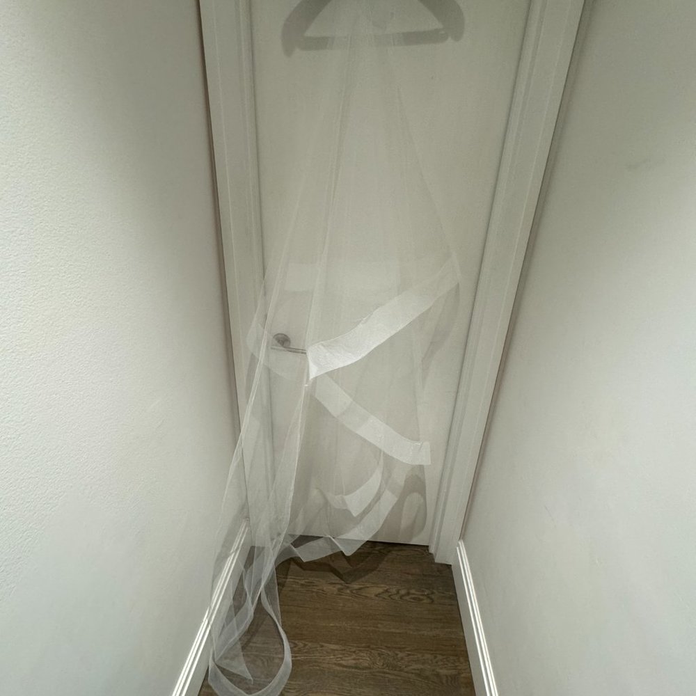 Chapel Length Veil with Blusher and 3 inch horsehair trim in Diamond White